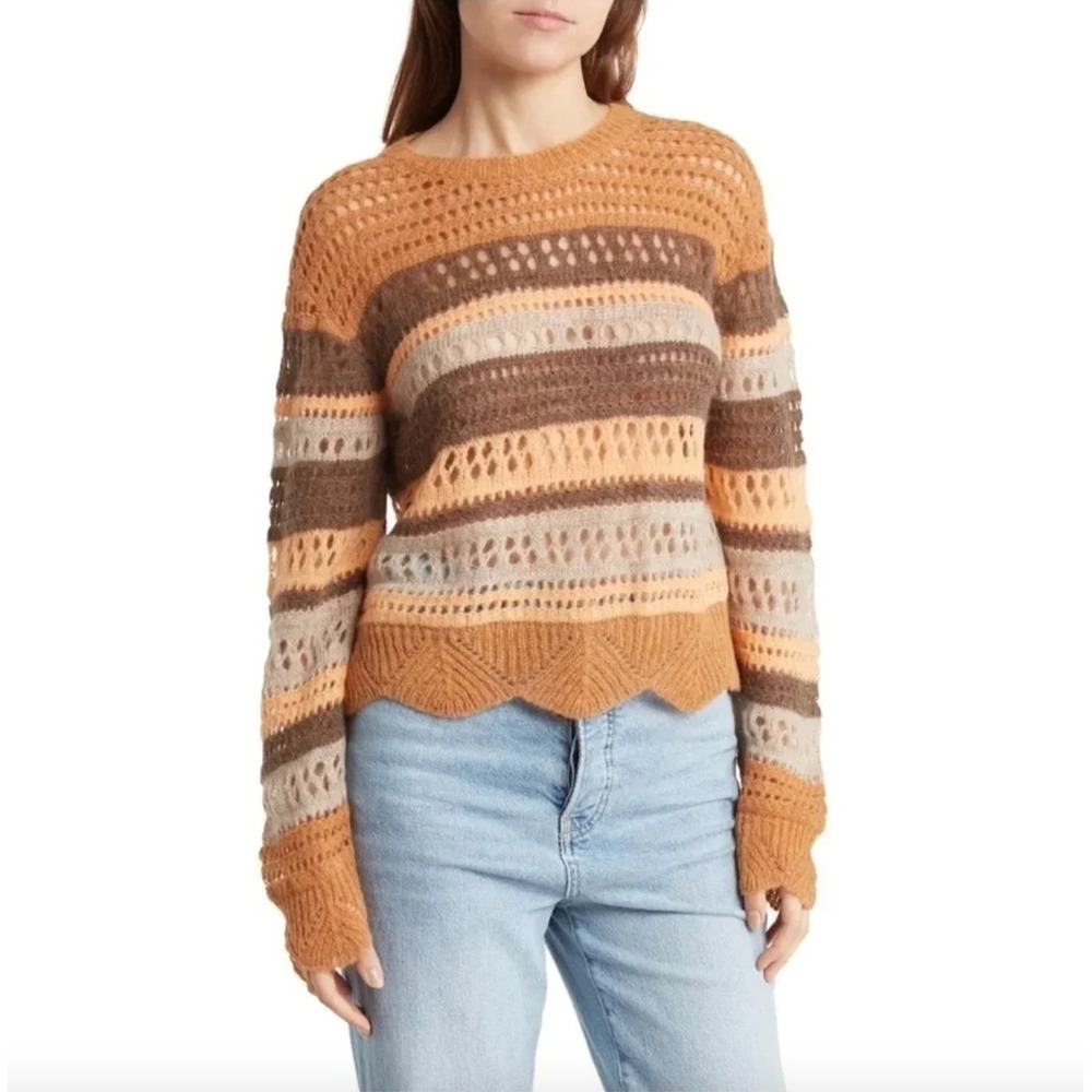 MOTHER Mock Neck Scallop Jumper Baby Alpaca Open Knit Sweater Misty Mountain Top
